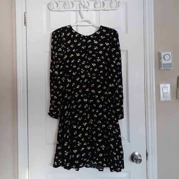 Banana Republic NWT Women's Size 10P Black Yellow Floral Puff-Sleeve Mini Dress - Picture 2 of 13